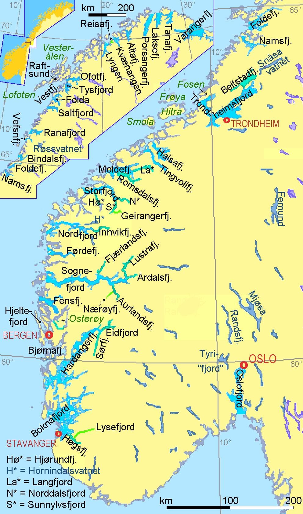kat jeyografik nan Nòvèj montre fyord